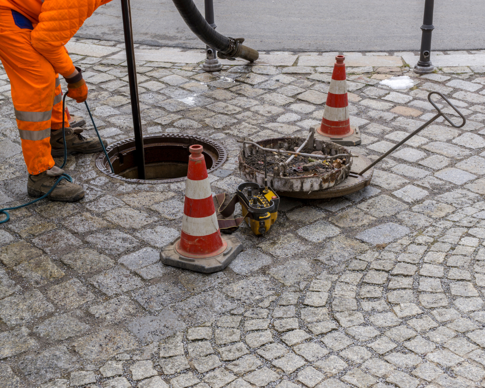 "Technician performing hydro jetting to thoroughly clean the inside of a sewer pipe."