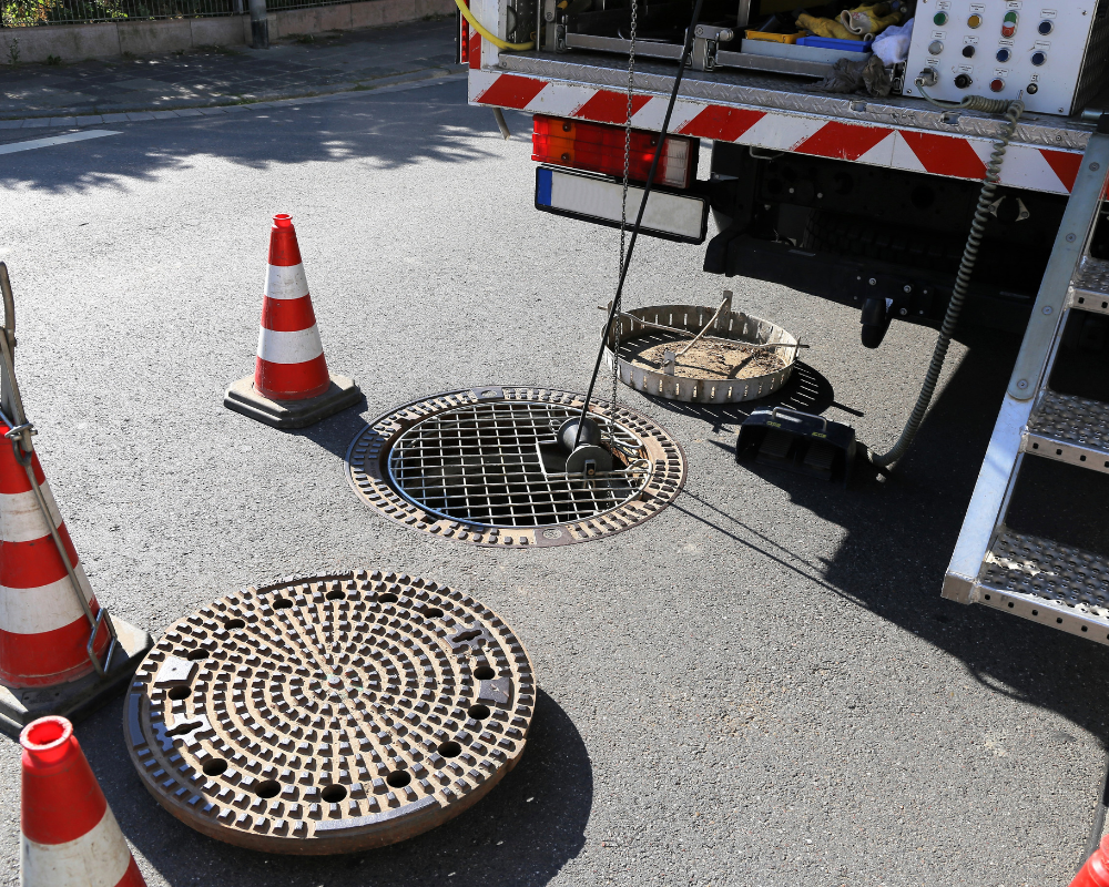 Technician using a drain line camera to inspect the inside of a sewer pipe for potential issues.