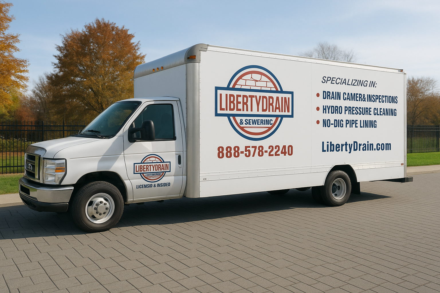 White Liberty Drain & Sewer Inc. service truck with company branding and contact details, parked on a paved lot with autumn trees in the background.